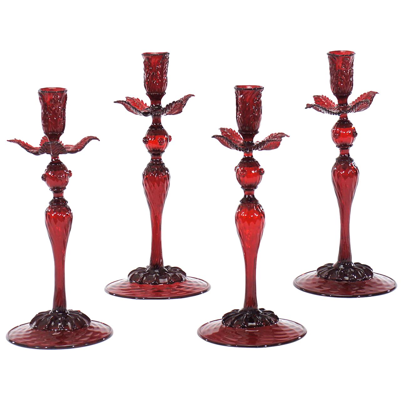 Set of 4 Salviati Venetian/Murano Ruby Candlesticks with Leaf
