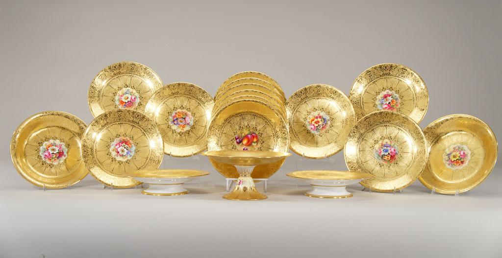 Royal Worcester Hand Painted 17 pc Gilded Dessert Service for 